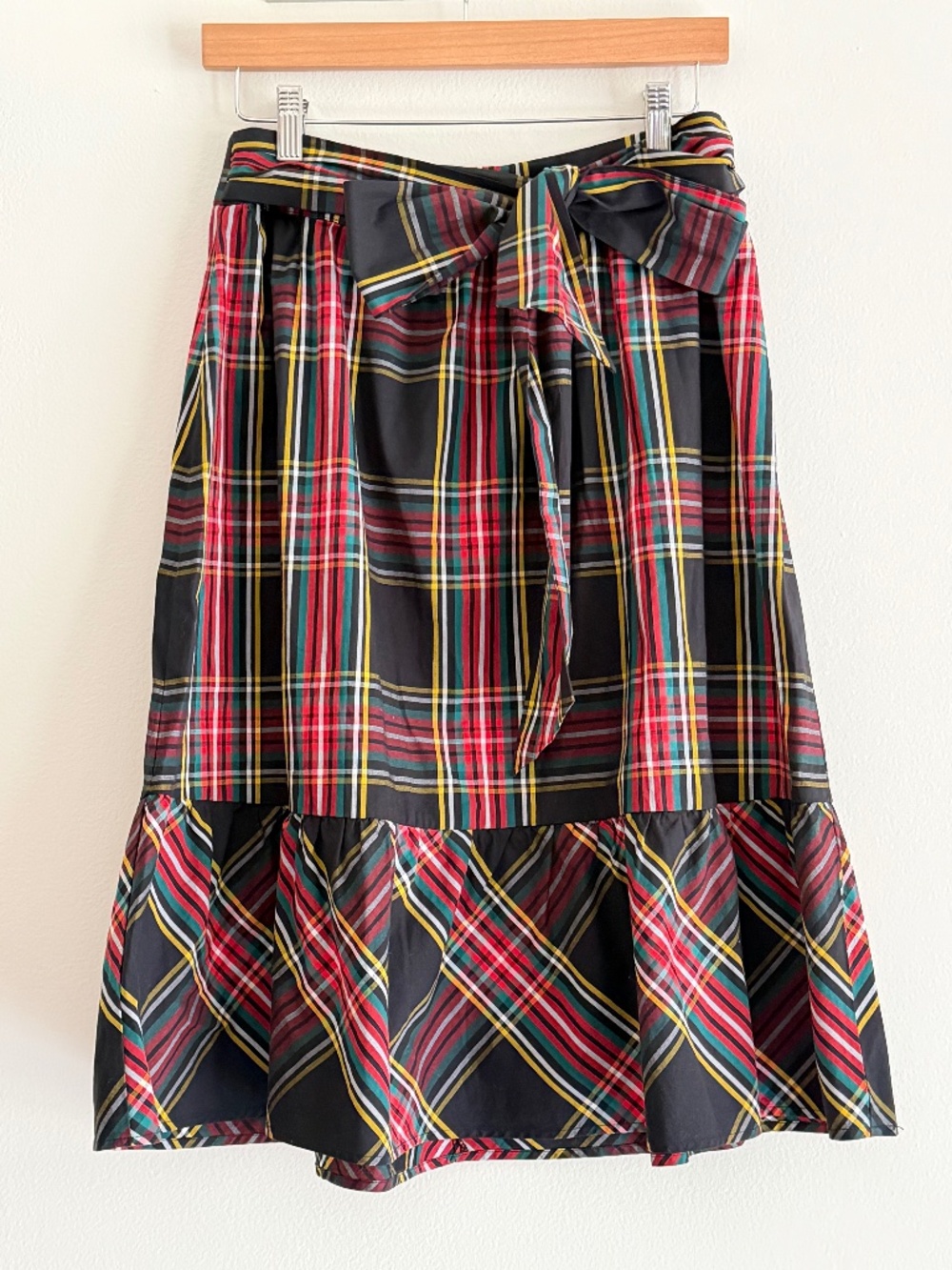 J Crew Red Tartan Plaid Skirt Attached Belt Midi Length Flounce Hem Cotton Sz 4 - Picture 3 of 16